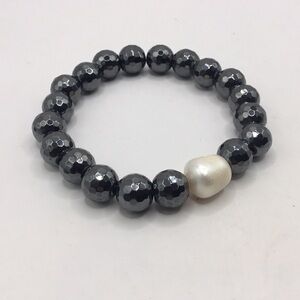 Opaque Hematite Faceted Czech Glass with Glass Pearl Bracelet